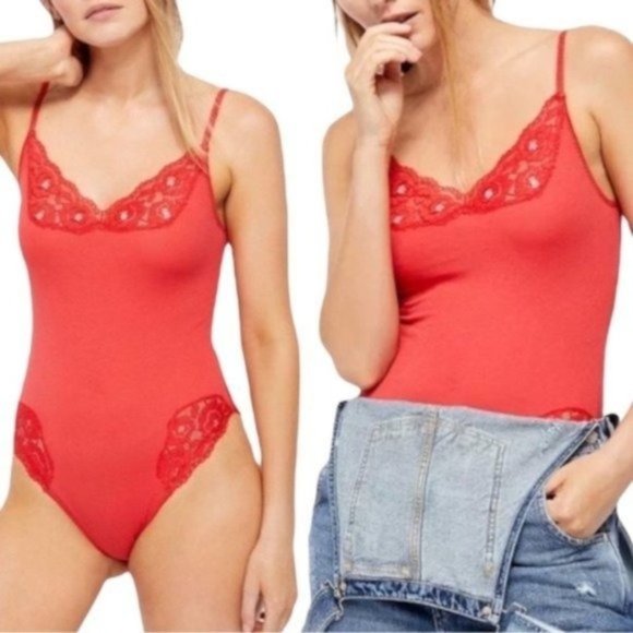 FREE PEOPLE Side of Sass Cami Lace Trim Bodysuit in Lady Bird Red - NWT - XS - Picture 1 of 5